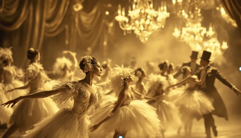 A vibrant image of a Ballets Russes performance featuring dancers in elaborate costumes.