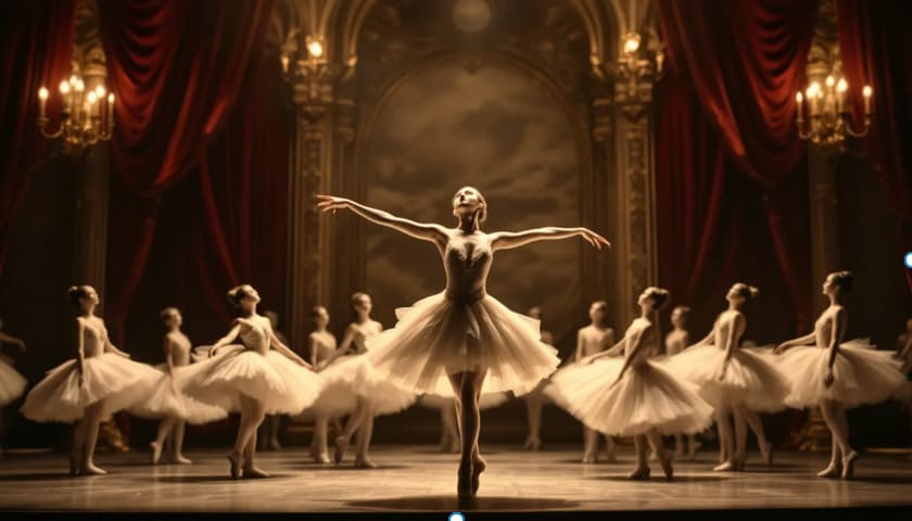 A captivating scene from an iconic ballet production with dancers performing on stage.